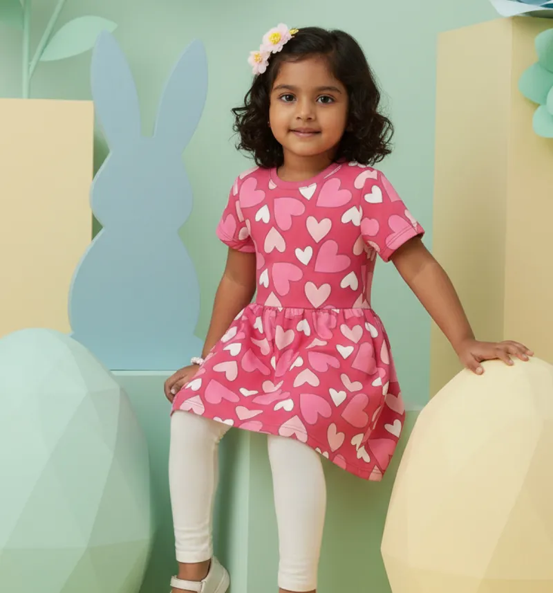 Girls Pink Heart Print Fit & Flare Dress
