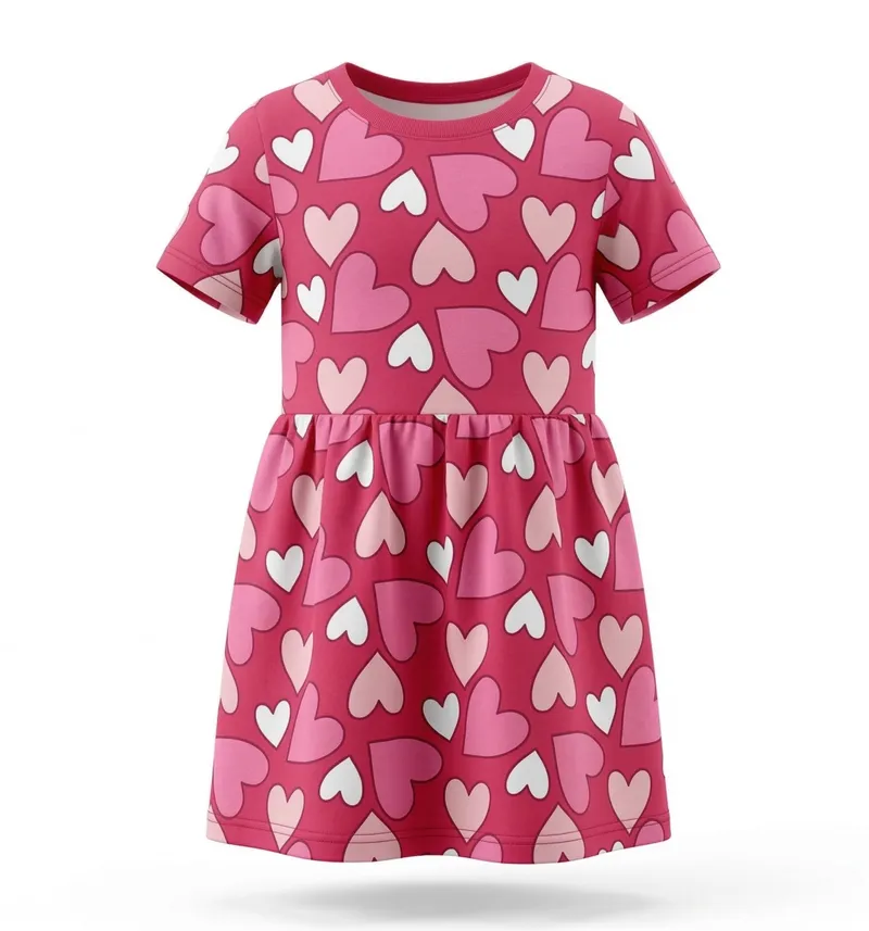 Girls Pink Heart Print Fit & Flare Dress Detail View 3