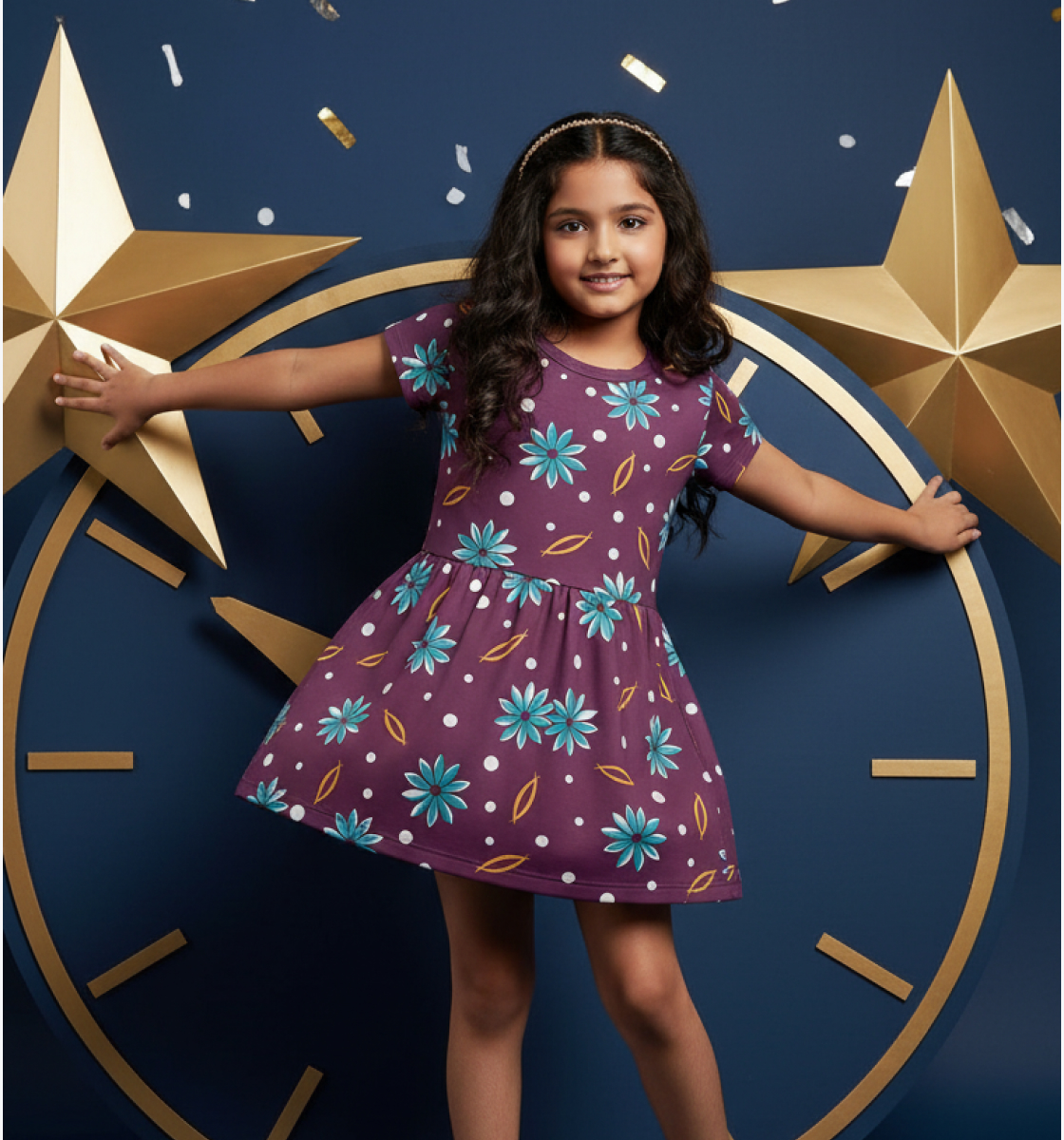 Girls Floral Print Fit & Flare Dress in Plum