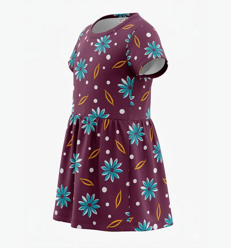 Girls Floral Print Fit & Flare Dress in Plum Detail View 3