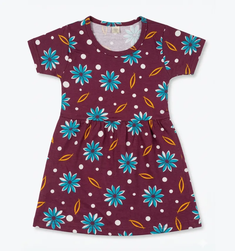 Girls Floral Print Fit & Flare Dress in Plum Detail View 2
