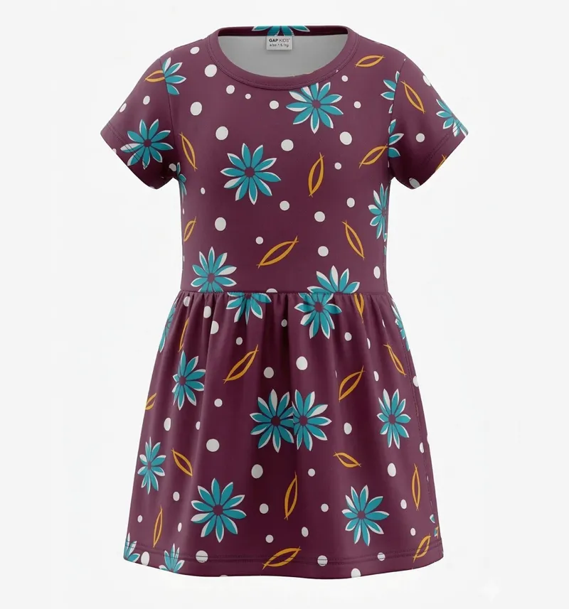 Girls Floral Print Fit & Flare Dress in Plum Detail View 4