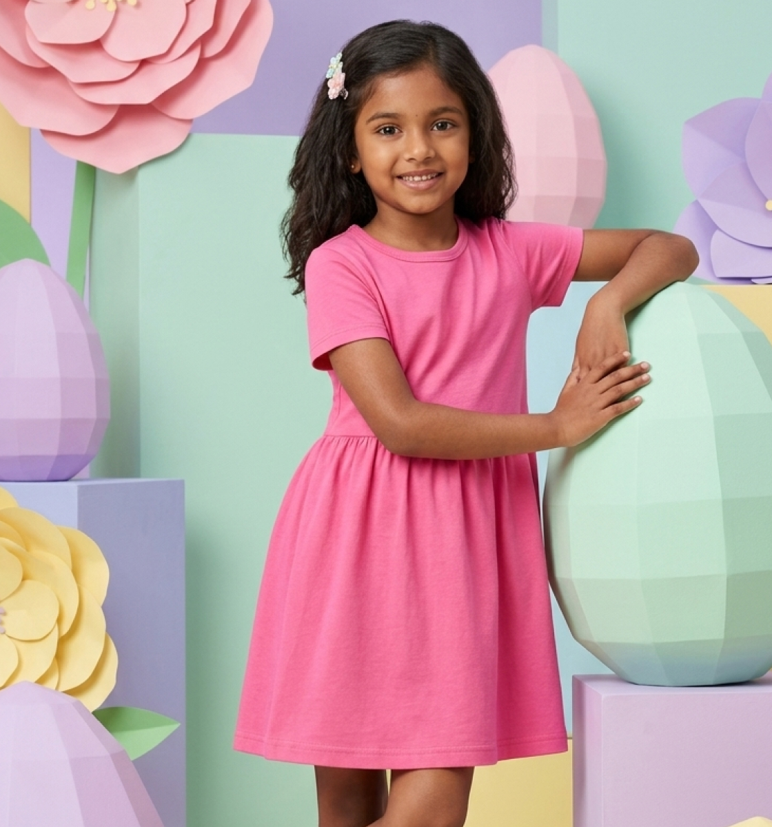 Girls Solid Pink Fit & Flare Dress