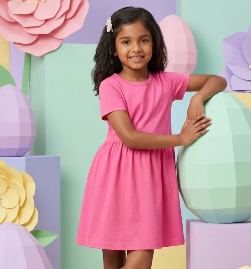 Girls Solid Pink Fit & Flare Dress