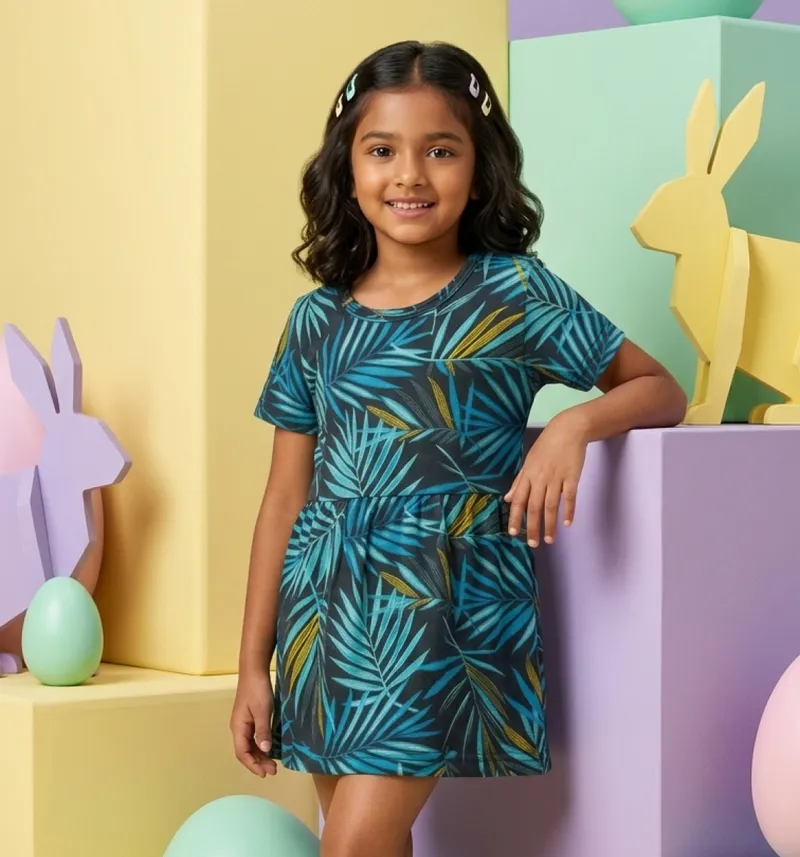 Girls Tropical Leaf Print Fit & Flare Dress